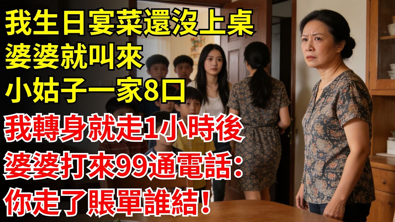 我生日宴菜還沒上桌，婆婆就叫來小姑子一家8口，我轉身就走，1小時後婆婆打來99通電話：你走了賬單誰結！#婆婆#故事#情感#兒媳#婆媳