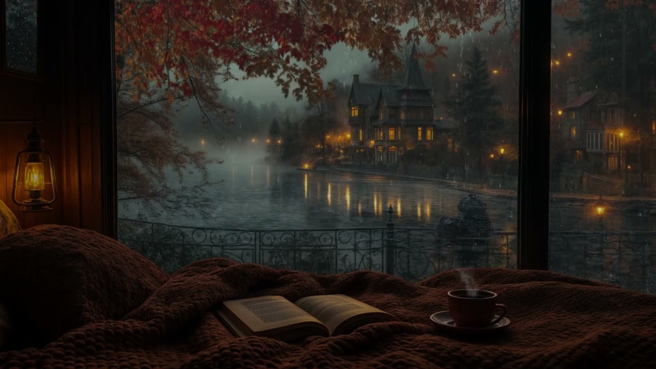 No Ads | Cozy Autumn Rain Outside the Window by the Lake – Fall Ambience for Sleep,Study & Relax