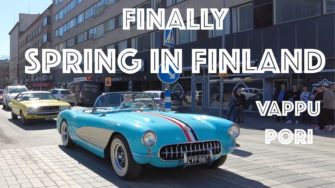 A walk through a Finnish city in spring.Vintage car parade. Pori. 4K