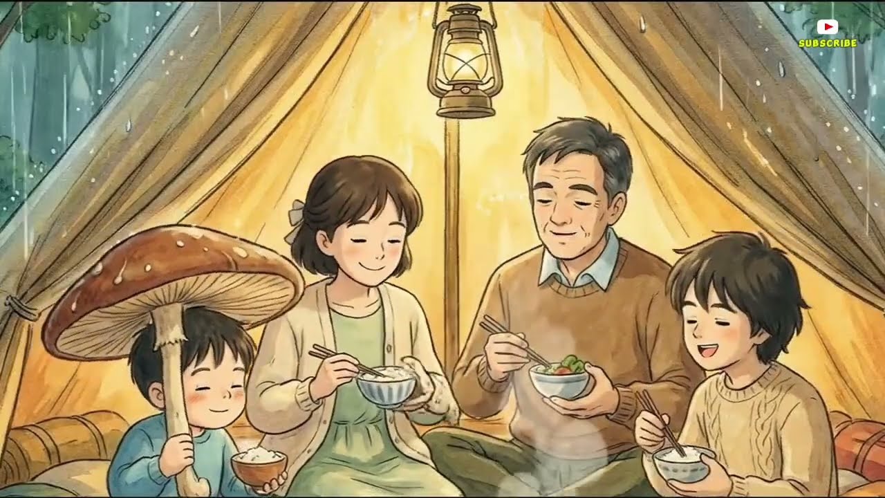 Camping with family in a transparent tent in the middle of the forest during the rain ⛺🌧️ ⚡ Ghibli।