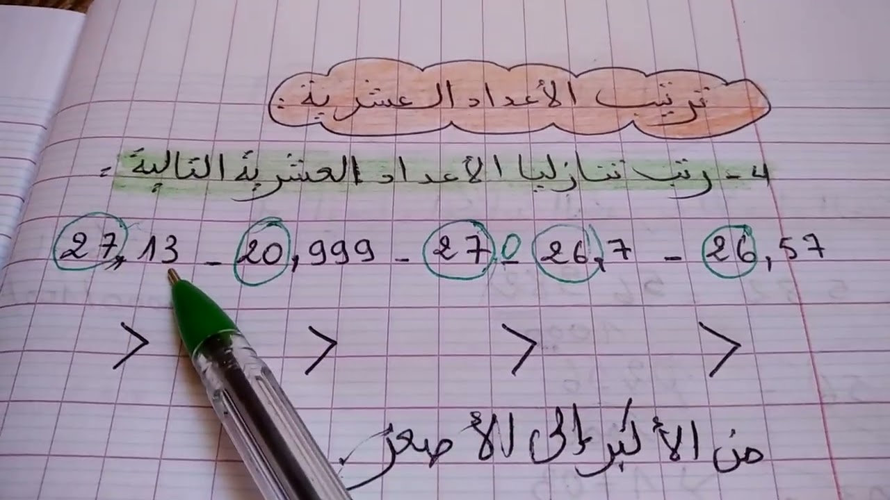 ترتيب الأعداد العشرية (تابع للتمرين الأول من الوظيفة)