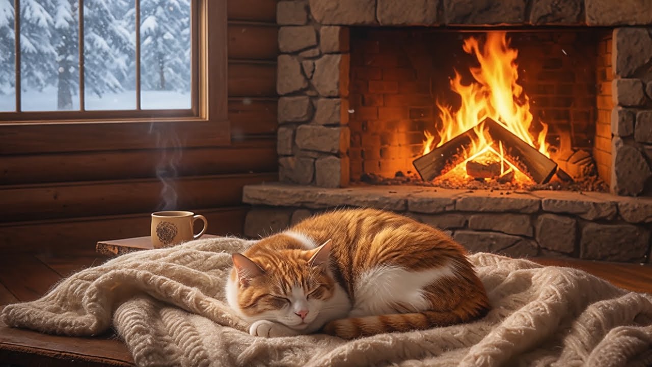 Cozy Winter Cabin Ambience ❄️ Cat Sleeping by the Fireplace 🔥 #045