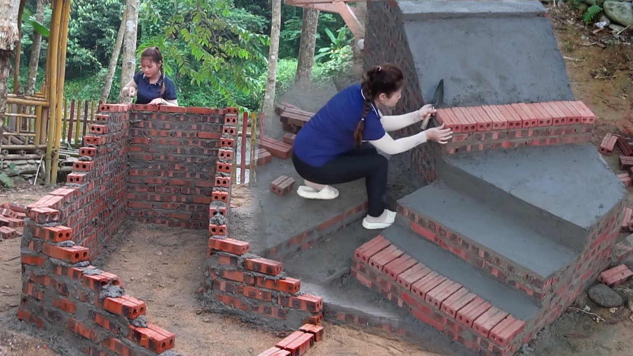 Building A Brick Staircase From The Ground To The Wooden Treehouse, A Masterpiece! | Ly Hoang Linh