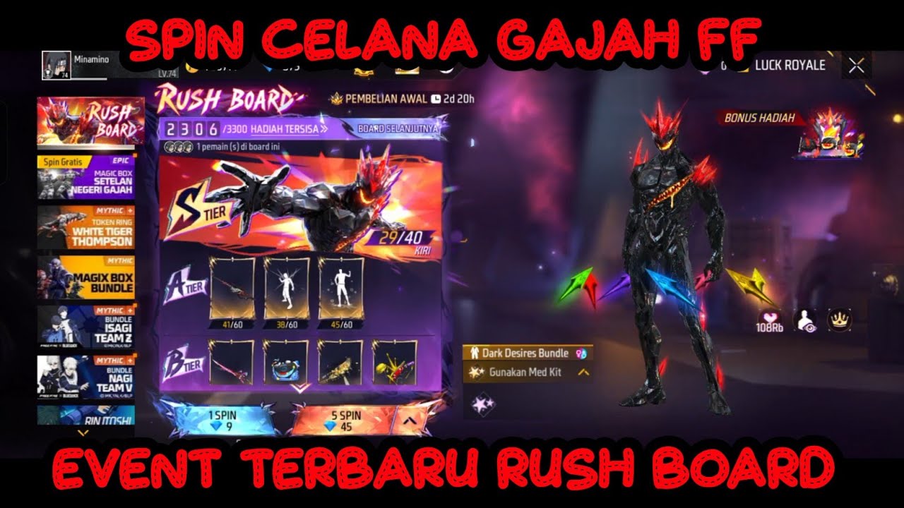 SPIN CELANA GAJAH FF | SPIN EVENT TERBARU RUSH BOARD 