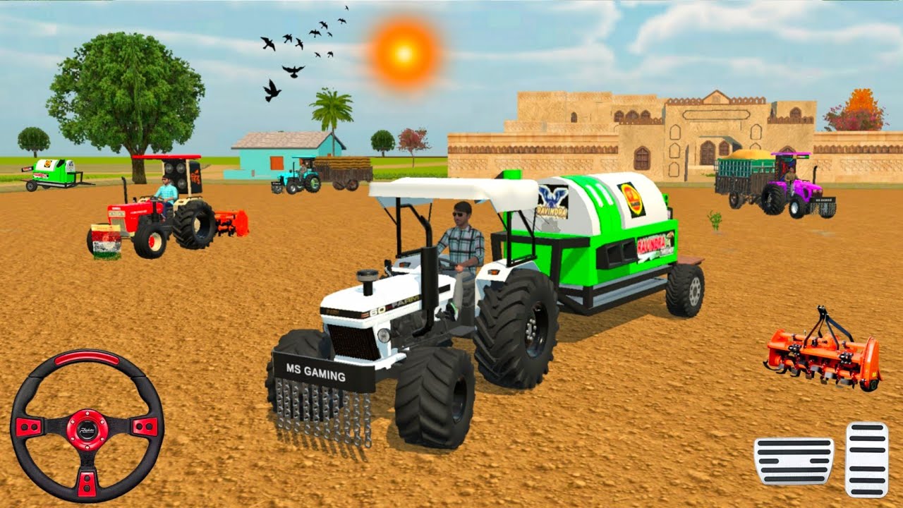 4 TRACTOR 🚜 FROM FARMING 🌾🌿 ROTOWETOR 🥭 , THRESHOR , 2  TROLLEY 3D GAM PLAY GAMING MS GAMING 