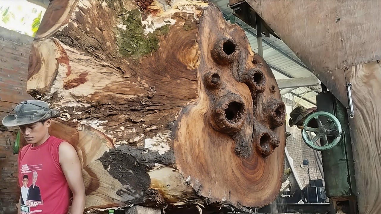 The process of sawing large tree stumps