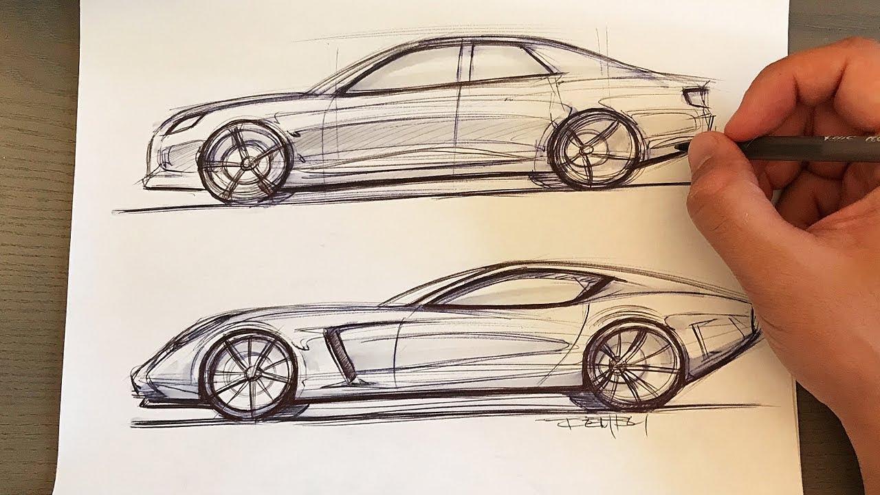 10 min car sketching - BiC pen, cheap print paper & a cool gray marker