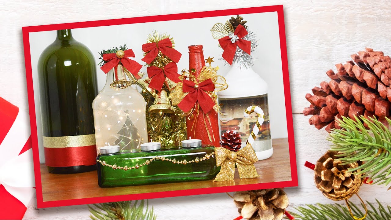 🎄 06 ideias com garrafas de vidro decoradas para o Natal - Faça você mesmo DIY