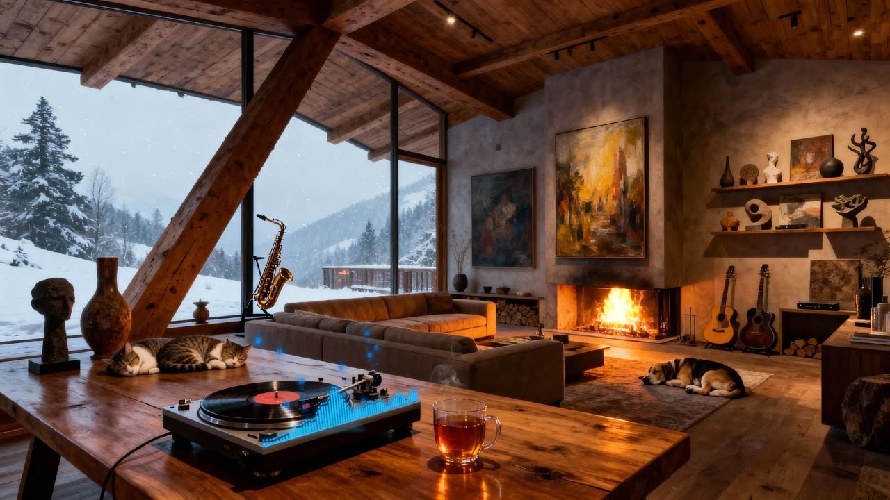 Warm Jazz & Fireplace Glow | Snowy Cabin Music to Relax & Focus