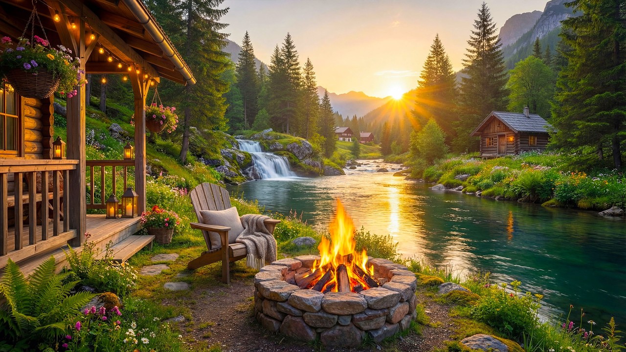 Peaceful Spring Sunset Riverside Cabin 🔥🌅 Calm Water Sounds, Birdsong & Cozy Fire Pit Ambience