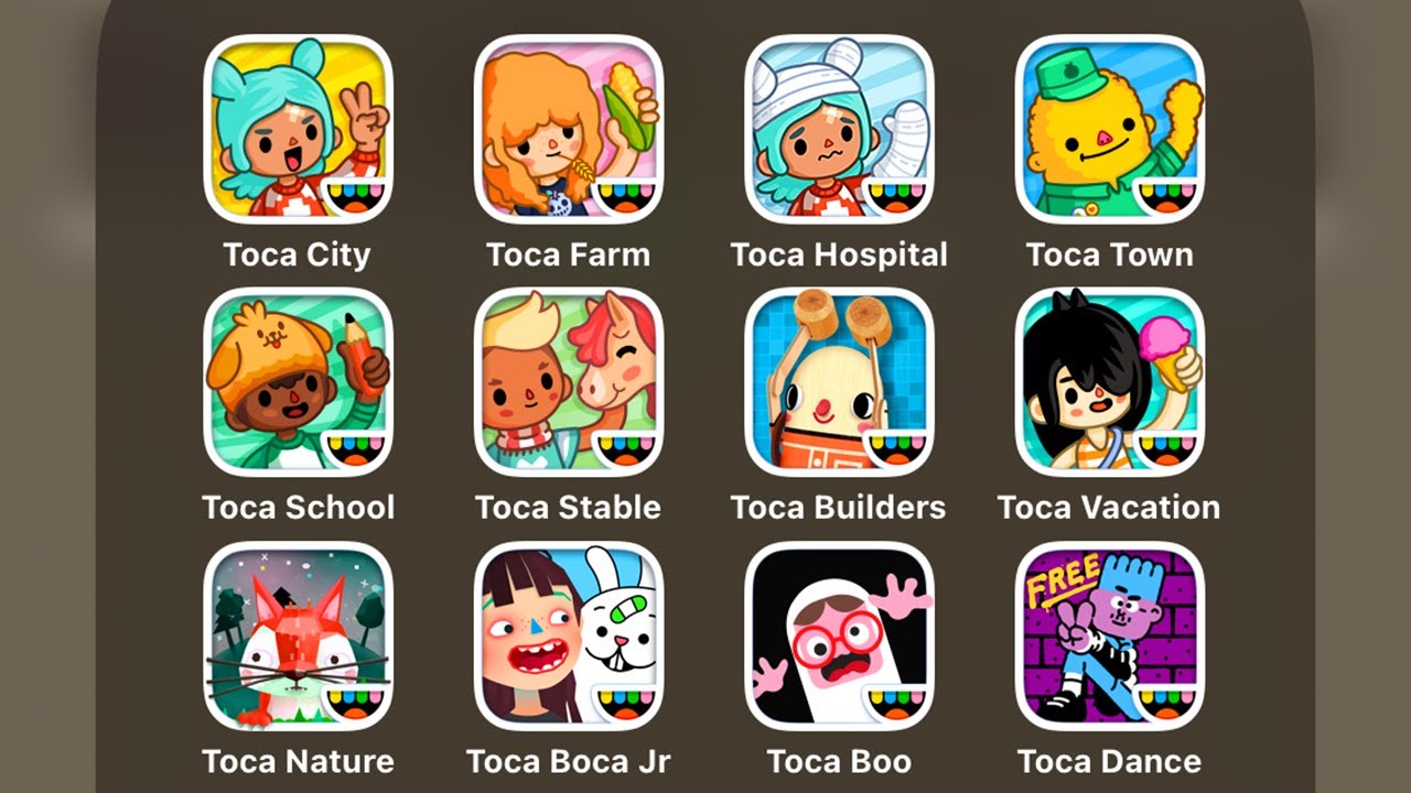 Toca Life City,Toca Builders,Toca Boca Jr Kitchen,Toca Hair Salon 4,Toca Pet Doctor,Toca Life Town