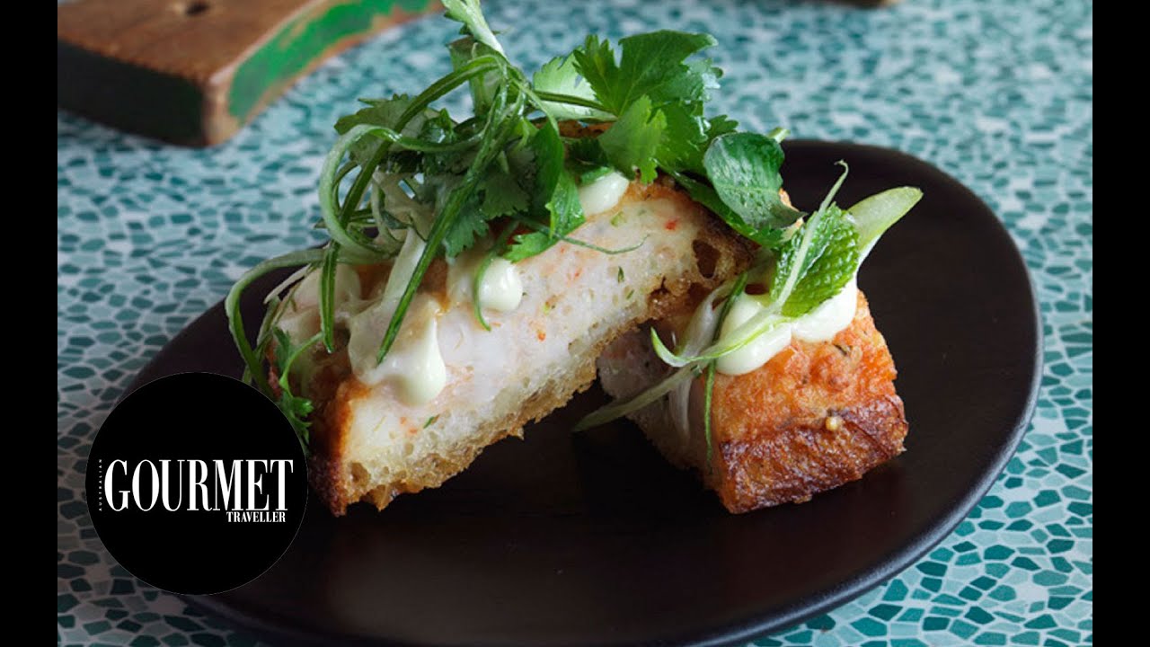 Prawn toast with yuzu mayonnaise, coriander and mint | Gourmet Traveller