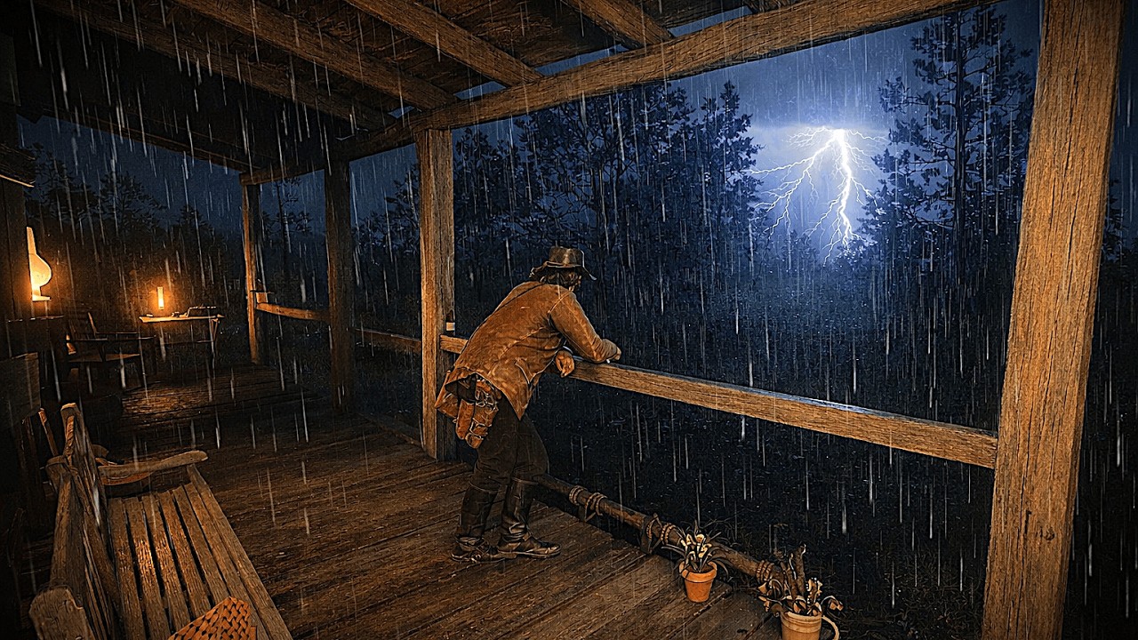A Cozy Porch Night - Arthur Takes Shelter From Heavy Rain and Thunder Under a Roof | RDR2 ASMR