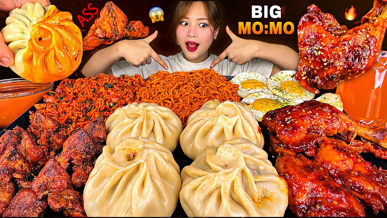 BIG JUICY BUFF MOMO😱SPICY CHICKEN LEG & ASS🔥PIRO CHATPATEY🌶️+ CURRENT NOODLES | NEPALI MUKBANG