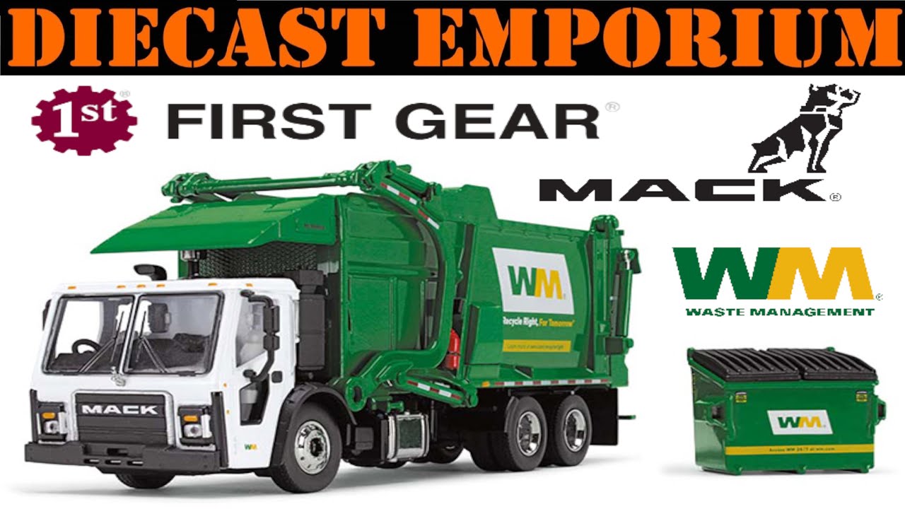 First Gear Mack LR в масштабе 1:64 с фронтальным погрузчиком McNeilus Meridian и мусорным контейн...