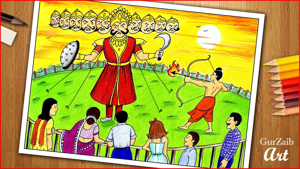 How to draw Dussehra ground scene || Indian festival Vijayadashami drawing - step by step