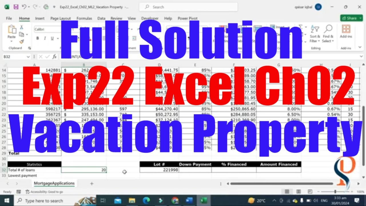 Exp22_Excel_Ch02_ML2 - Vacation Property | Exp22 Excel ML2 Vacation Property | @PearsonSolution