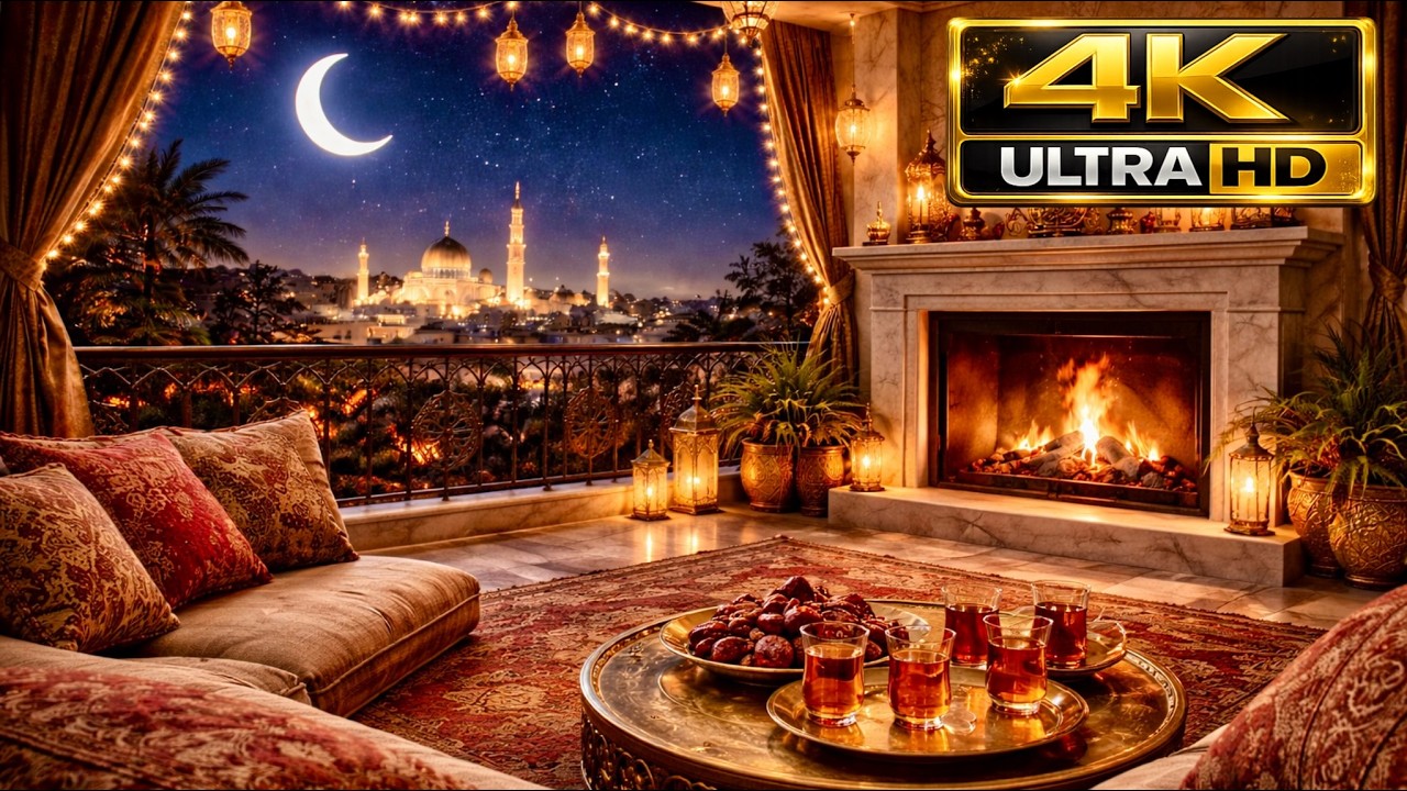 4K Ramadan Balcony Fireplace 🌙🔥 | Cozy Night Ambience with Tea & Crescent Moon (3H) أجواء رمضان