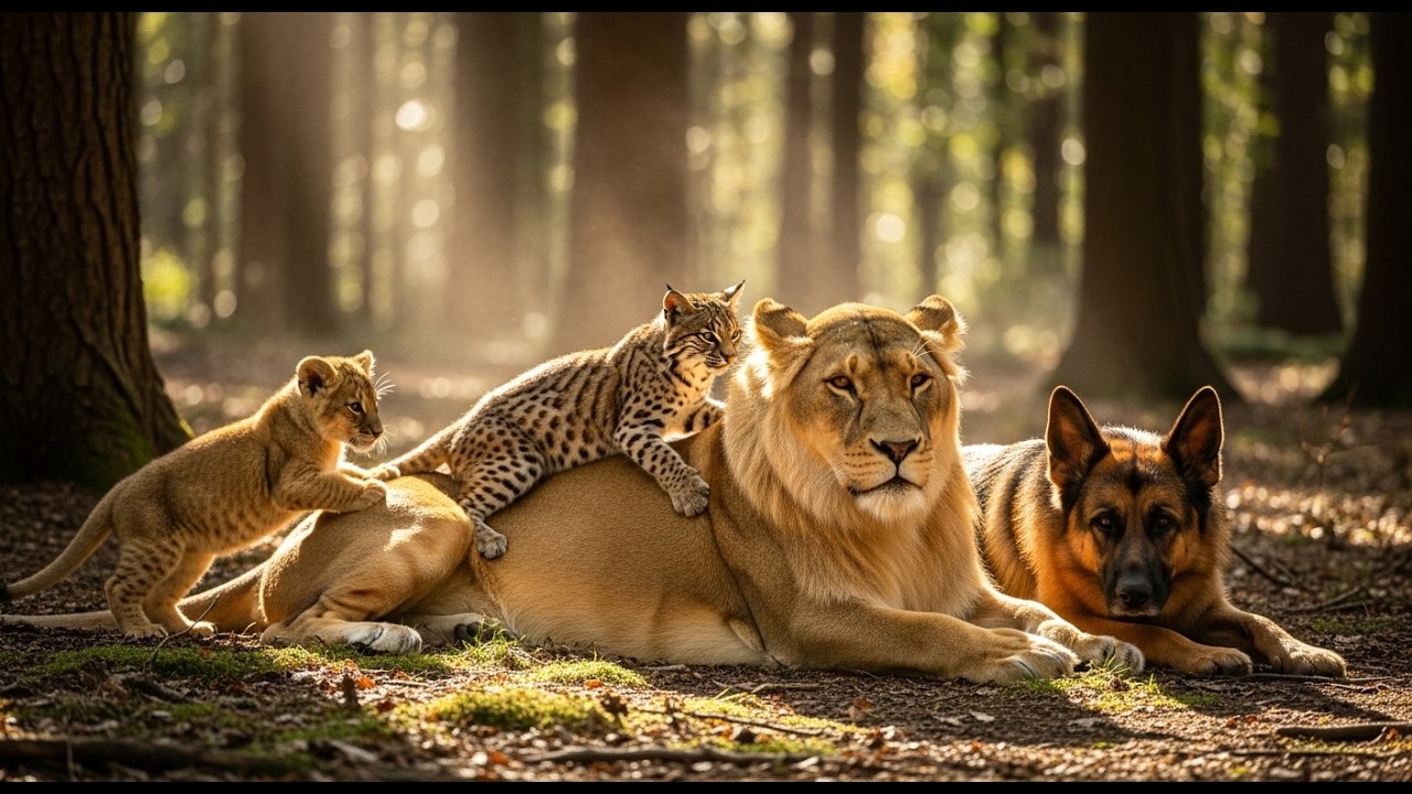 German Shepherd Raised Orphaned Bobcats and a Lion Cub. Two Years Later, Something Shocking Happened