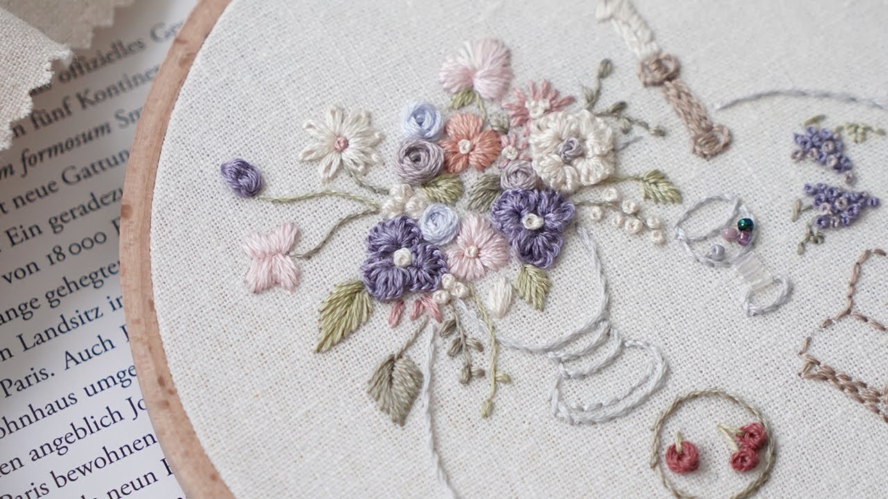 테이블과 화병. 프랑스 자수 도안🫧 Table & Vase Hand Embroidery with Patterns/ NO BGM