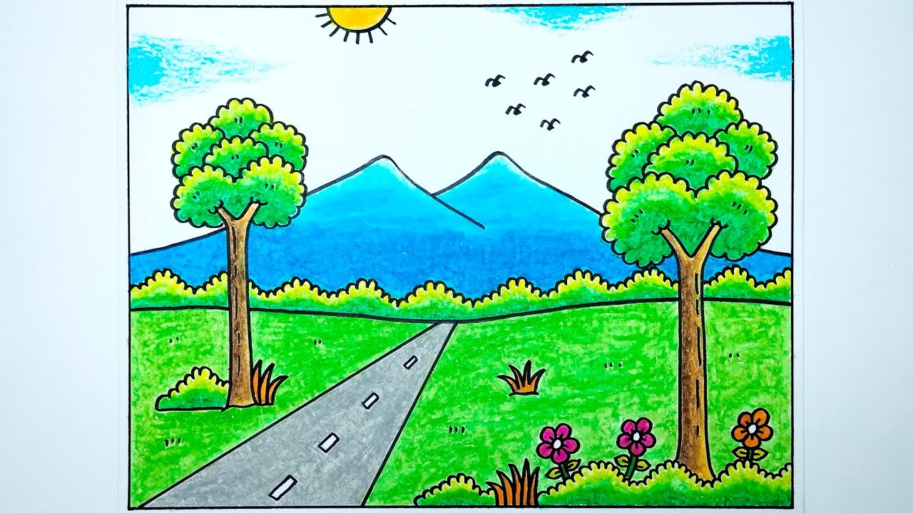 Cara menggambar pemandangan gunung yang bagus
