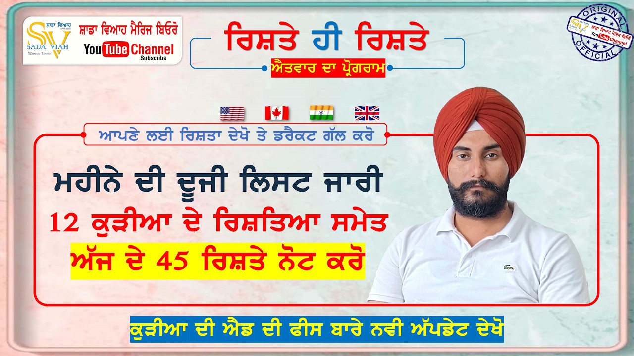 ਅੱਜ ਦੂਸਰੀ ਲਿਸਟ ਜਾਰੀ 12 ਕੁੜੀਆਂ ਸਮੇਤ 45 ਰਿਸ਼ਤੇ ਪਰਿਵਾਰ ਦੇ  ਨੰਬਰਾਂ ਨਾਲ l Rishte hi Rishte l girl rishte