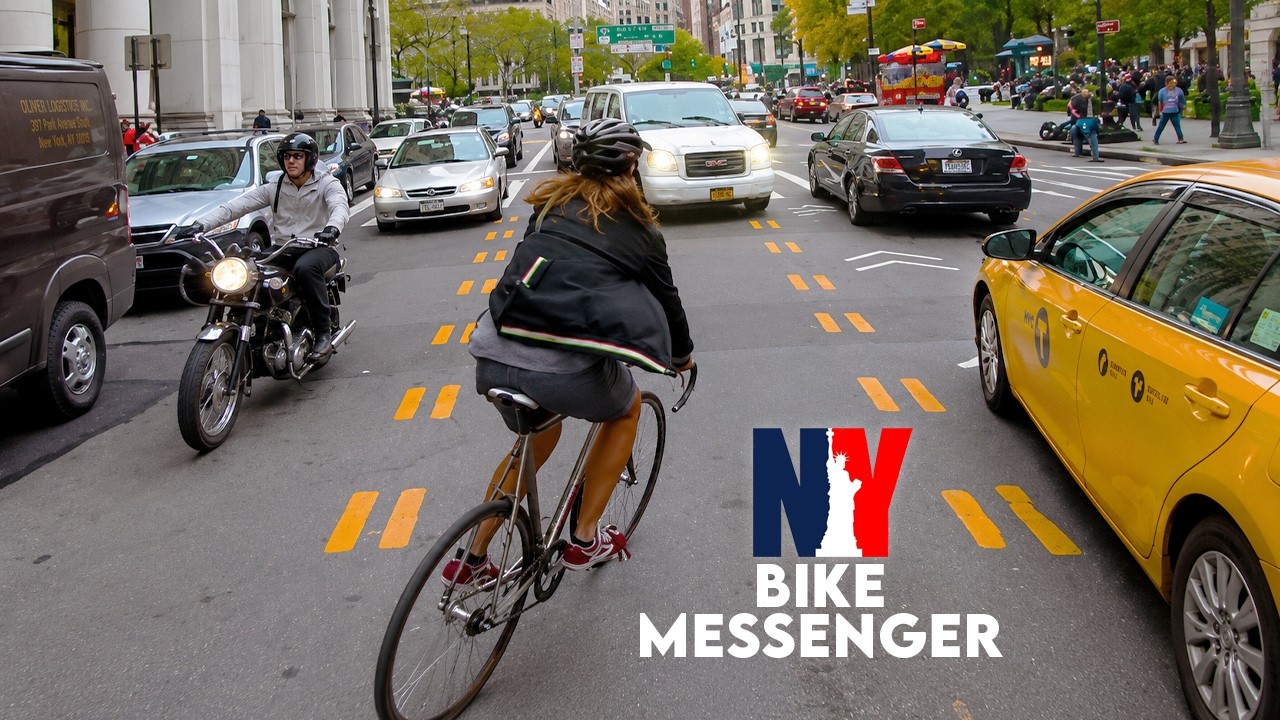 Bike Messenger Riding Fast and Fluid Through NYC Traffic