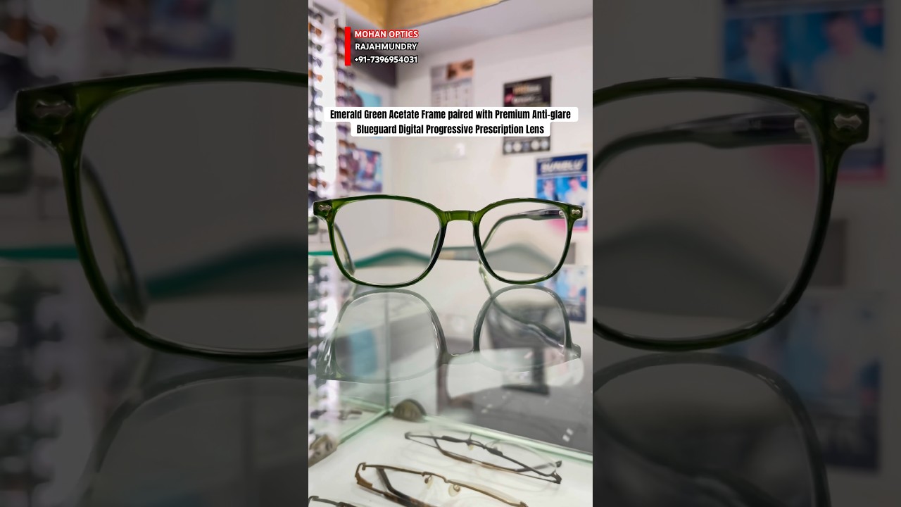 Blueguard Digital Progressive Lens | Emerald Green Acetate Frame | Mohan Optics Rajahmundry 