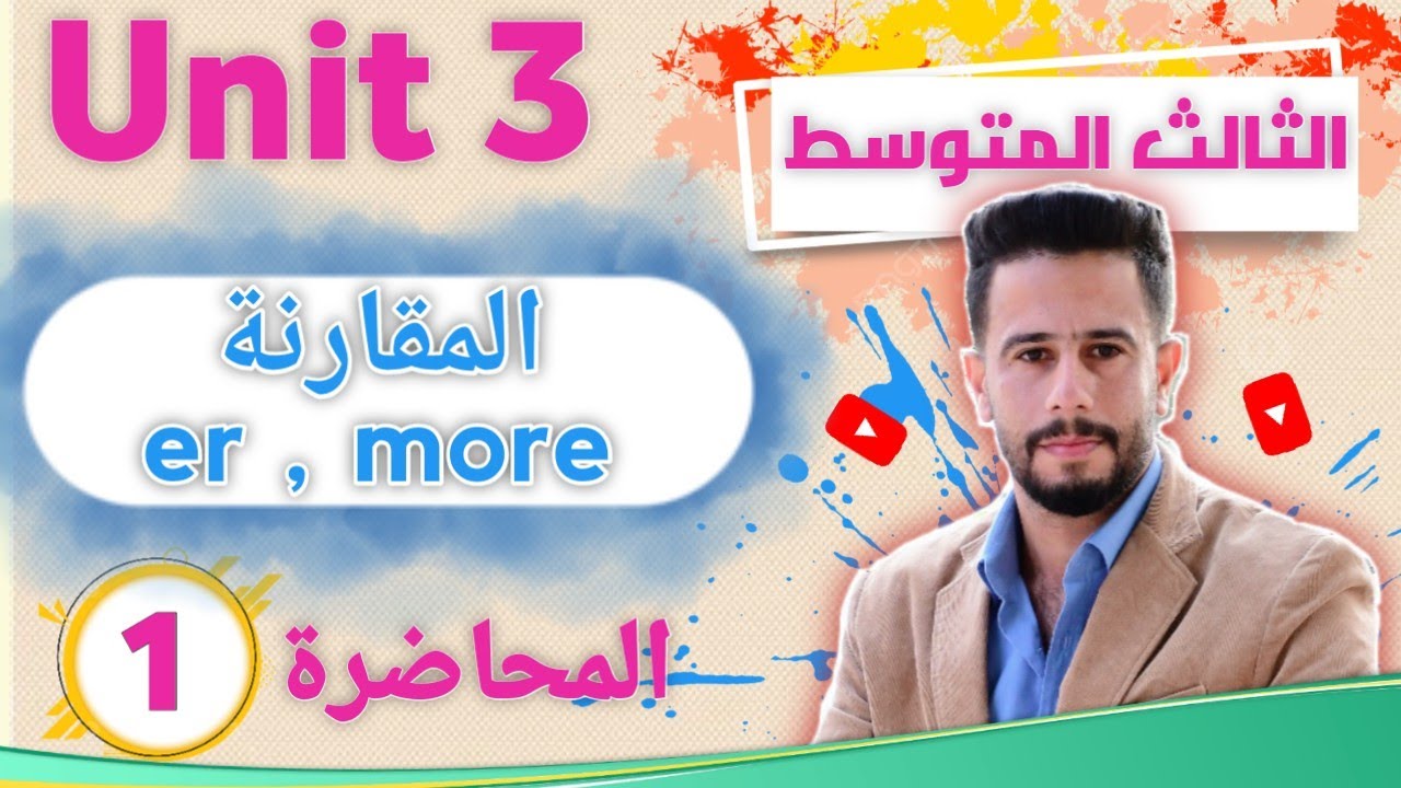 انكليزي ثالث متوسط اليونت 3 / الدرس 1 / شرح موضوع المقارنة(comparative) er, more  بطريقة جدا مبسطة