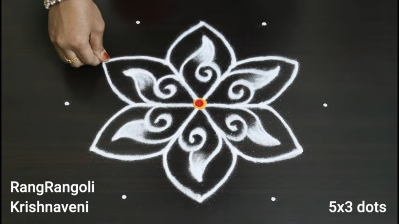 Simple Daily Rangoli🌻5x3 dots Easy Muggulu🌻Latest Kolam🌻RangRangoli Krishnaveni