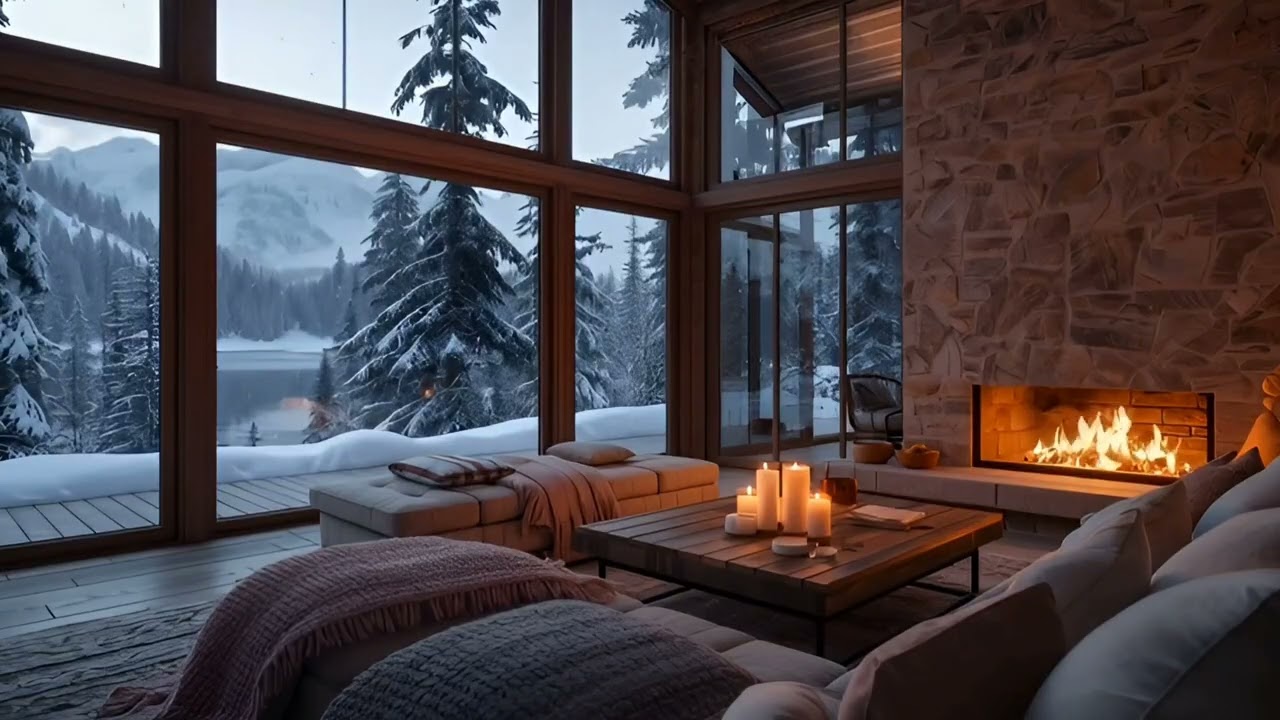 Cozy Room Ambience with Lakeside View on a Snowy Winter Day ❄️ | Slow Piano Music for Relaxing