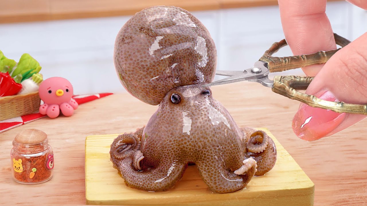 Cooking Miniature Korean Spicy Baby Octopus In Mini Kitchen  🐙 Seafood Recipe By Tina Mini Cooking