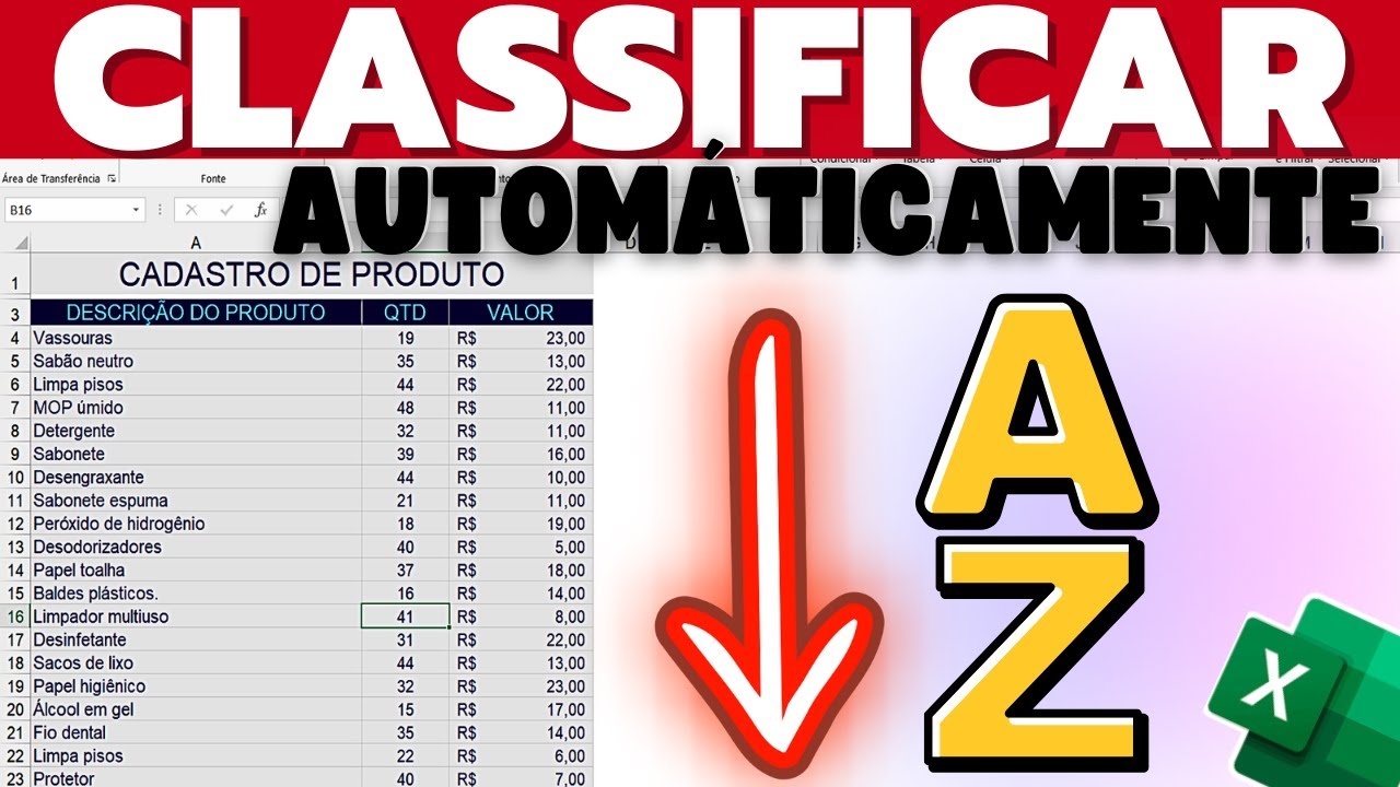 Como Classificar Automaticamente Produto na Tabela do Excel em Ordem Alfabética