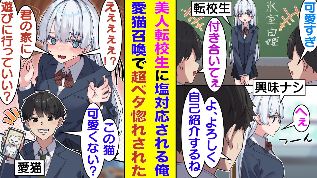 【漫画】氷姫と呼ばれる美少女転校生の隣の席になった俺。絶対零度級の塩対応で顔を合わせてさえもらえなかったのに愛猫の写真を見せると様子が急変→俺に家に遊びに来たがるようになった（お家デート）！？