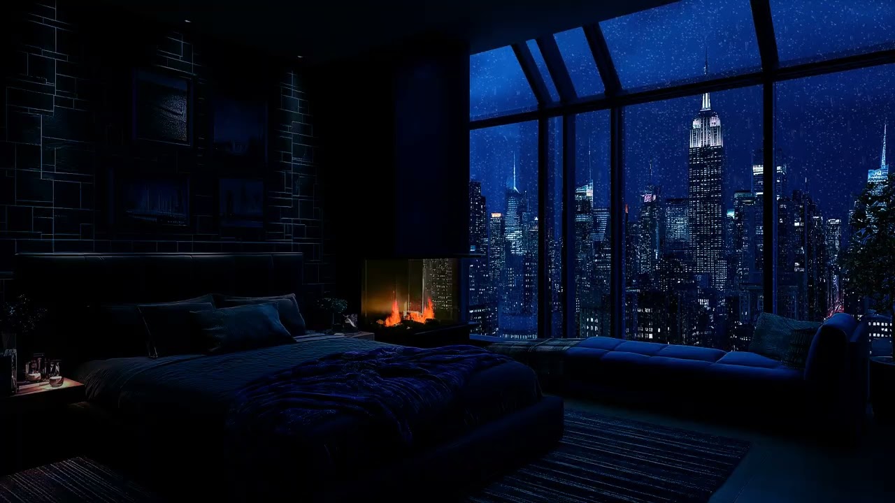 Peaceful Midnight Rain in the City 🌙 | Relaxing Piano & Fireplace Ambience for Focus & Sleep