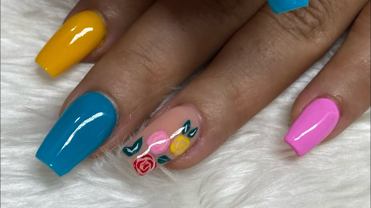 Uñas acrílicas de COLORES y diseño en FLORES fáciles | Regreso la tendencia de colores