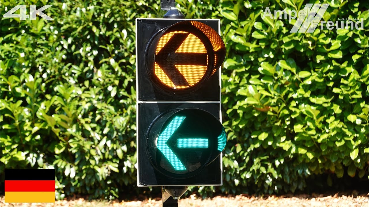 [4K] German turn left amber/green arrow traffic lights Ø200