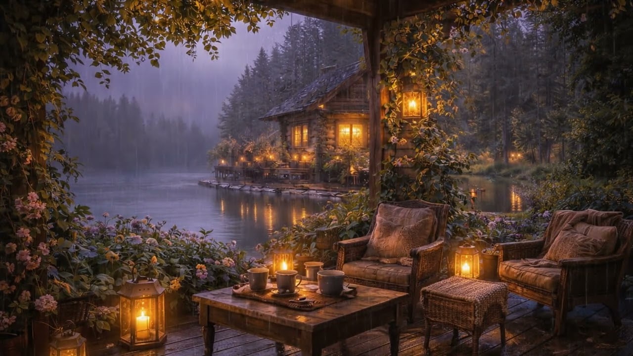 Cozy Rainy Cabin by the Lake 🌧️ Warm Lights & Spring Night Ambience – 8 Hour Relaxing Screensaver