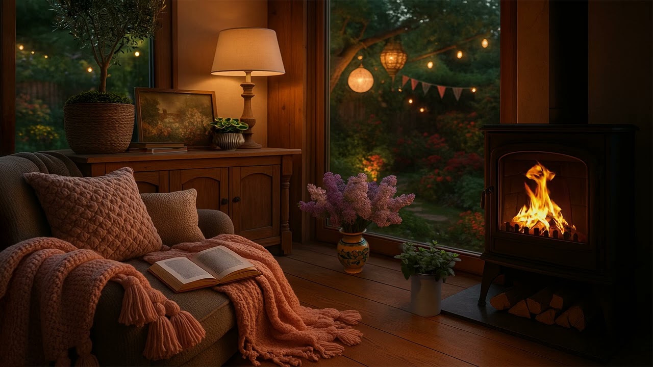 Cozy Reading Ambience by the Crackling Fireplace | Peaceful Patio Views & No Music