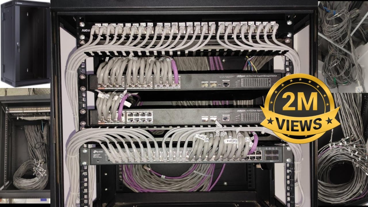 network cable management and 12U server rack installation for office setup cat 6A cable dahua tplink