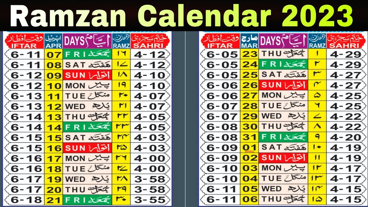 Sehri Iftar Time Table 2023 | Ramzan Calendar 2023