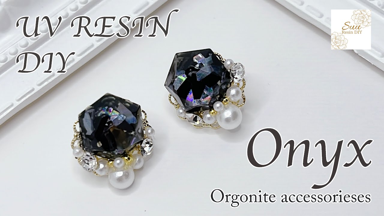 【UVレジン 】DIYで天然石（オニキス）を使ってキレイなビジューピアス作ってみました♡UV resin jewelry Tutorial/UV Resin Resin Earrings