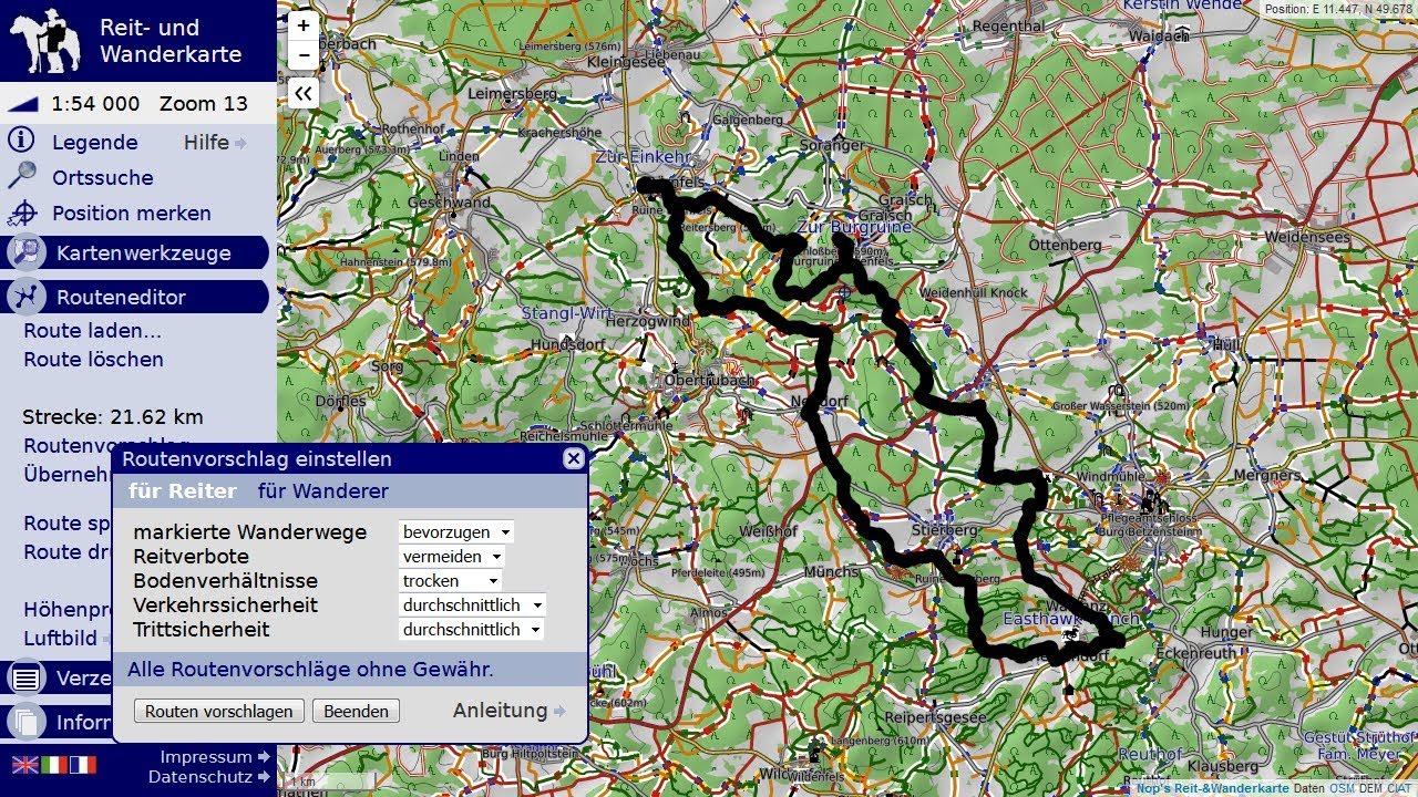 Automatische Routenvorschläge für Gelände-, Wanderreiten und Wandern (RWK#4)