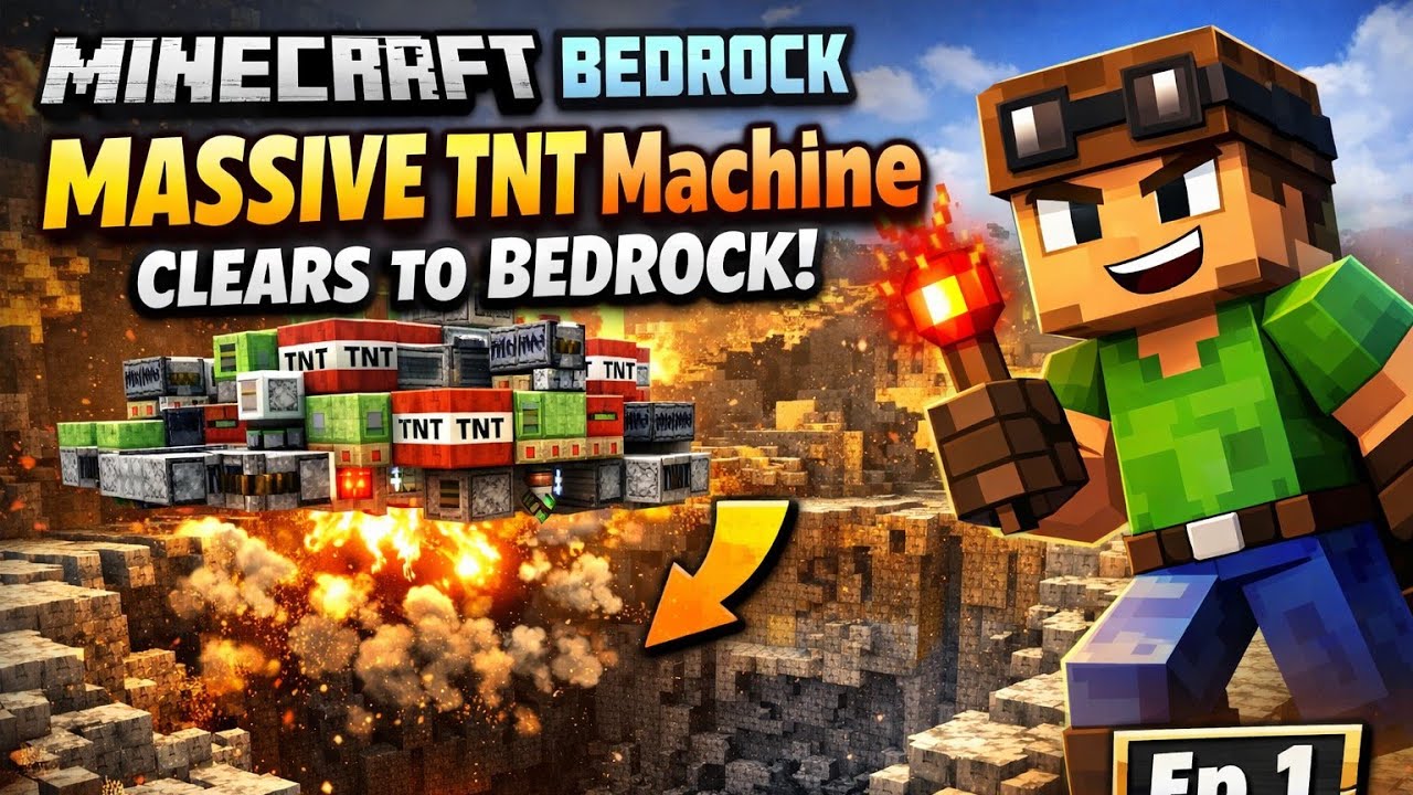 Minecraft Bedrock: MASSIVE TNT Cannon Clears to BEDROCK! (Part 1)