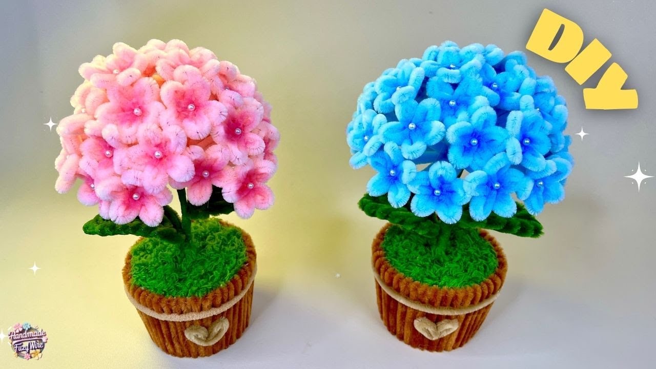 DIY Hydrangea Pipe Cleaner💝DIY Mini Hydrangea Flower Pot with Pipe💝Cleaner – Cute & Easy Craft💝#diy