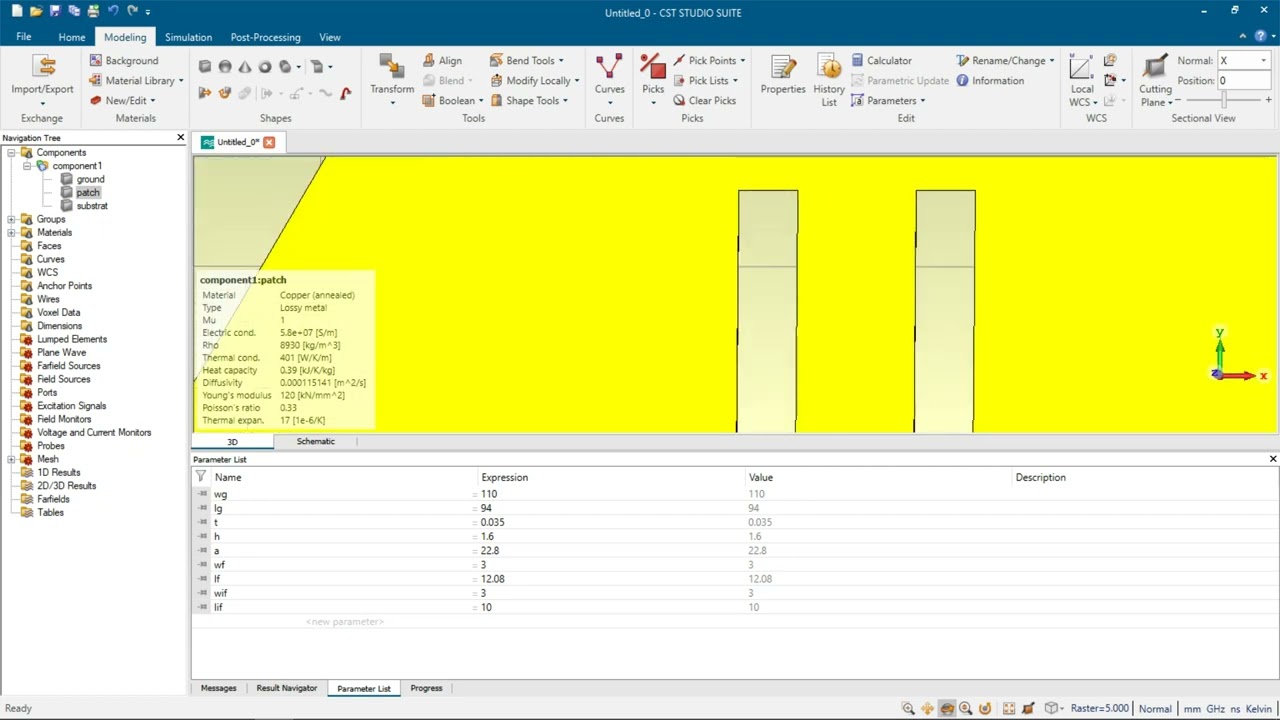 2,3GHz Array 1x2 patch Triangular Microstrip Antenna using Cst studio suite 2019