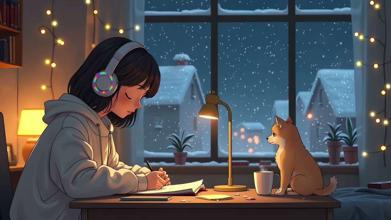 Calm Lofi Music For Studying |  Beautiful Snowy Night. Quiet focus. Gentle calm.