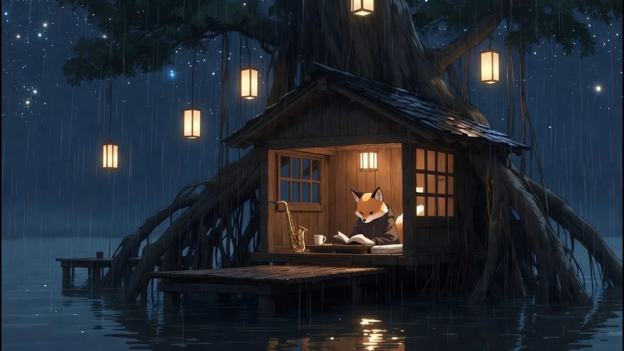 Rainy Lofi Jazz ☂️ Falling Stars | Cozy Night for Sleep, Study, Focus