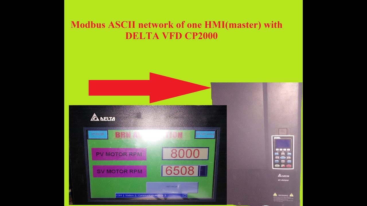 DELTA VFD and HMI mode bus communication | Modbus ASCII network of one HMI(master) with VFD CP2000|