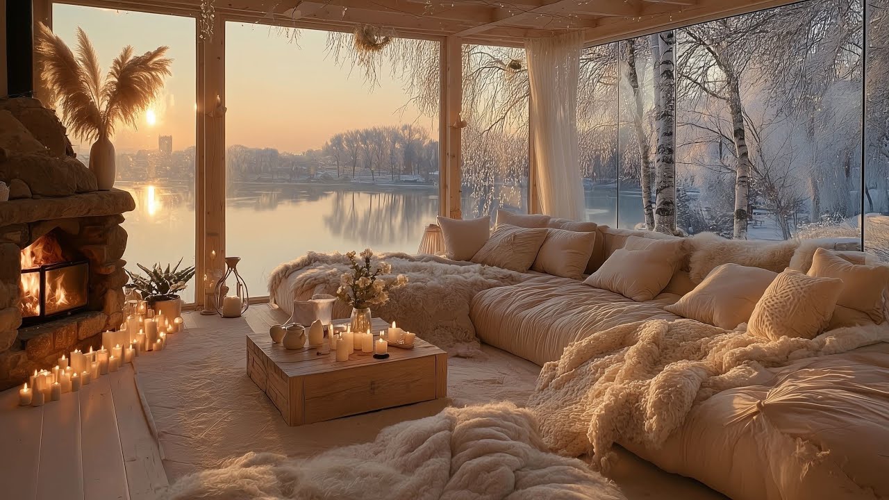 Winter Lake Cabin Night 🏔️Soft Piano, Warm Fireplace & Snowfall Sounds for Calm Sleep and Pure Peace